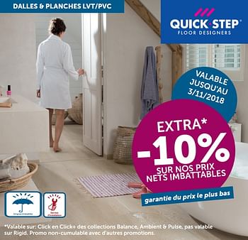 Promoties Sur nos prix nets imbattables extra -10% - QuickStep - Geldig van 23/10/2018 tot 19/11/2018 bij Zelfbouwmarkt
