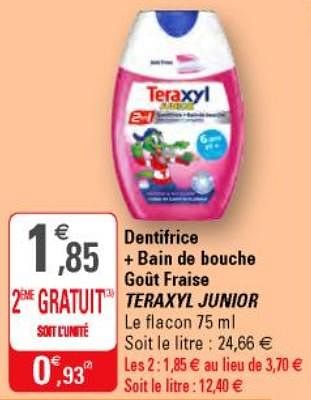Promotions Dentifrice + bain de bouche goût fraise teraxyl junior - Teraxyl - Valide de 17/10/2018 à 28/10/2018 chez G20