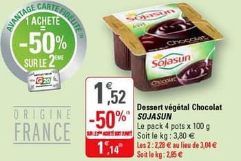 Promotions Dessert végétal chocolat sojasun - Sojasun - Valide de 17/10/2018 à 28/10/2018 chez G20