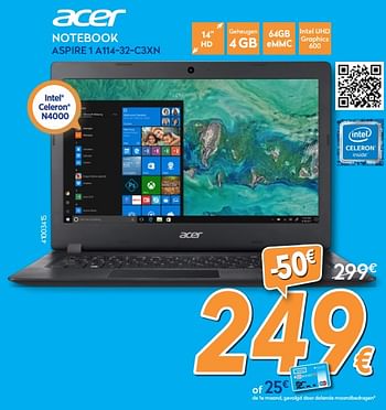 Promotions Acer notebook aspire 1 a114-32-c3xn - Acer - Valide de 24/10/2018 à 24/11/2018 chez Krefel