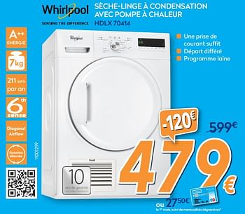 Promotions Whirlpool sèche-linge à condensation avec pompe à chaleur hdlx 70414 - Whirlpool - Valide de 24/10/2018 à 24/11/2018 chez Krefel