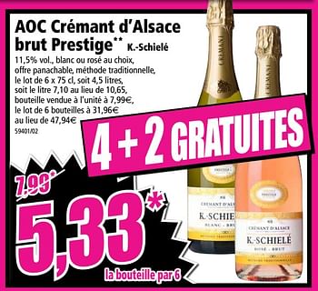 Promotions Aoc crémant d`alsace brut prestige k.-schielé - Mousseux - Valide de 24/10/2018 à 30/10/2018 chez Norma