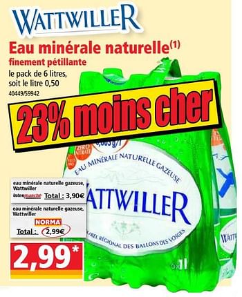 Promotions Eau minérale naturelle inement pétillante - Wattwiller - Valide de 24/10/2018 à 30/10/2018 chez Norma