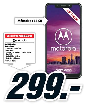 Promotions Motorola one smartphone - Motorola - Valide de 22/10/2018 à 28/10/2018 chez Media Markt
