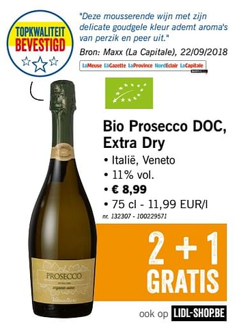 Promoties Bio prosecco doc, extra dry - Schuimwijnen - Geldig van 29/10/2018 tot 03/11/2018 bij Lidl