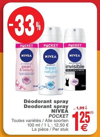 Promotions Déodorant spray deodorant spray nivea pocket - Nivea - Valide de 23/10/2018 à 29/10/2018 chez Cora