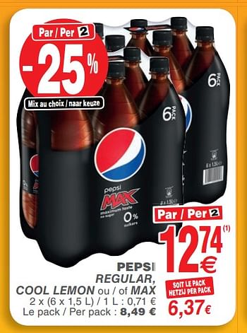 Promoties Pepsi regular, cool lemon ou - of max - Pepsi - Geldig van 23/10/2018 tot 29/10/2018 bij Cora