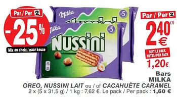 Promoties Bars milka oreo, nussini lait ou - of cacahuète caramel - Milka - Geldig van 23/10/2018 tot 29/10/2018 bij Cora
