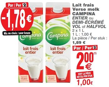 Promoties Lait frais verse melk - Campina - Geldig van 23/10/2018 tot 29/10/2018 bij Cora