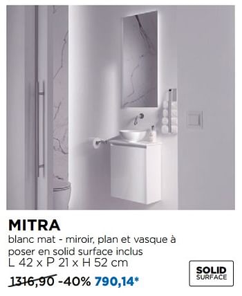 Promotions Mitra blanc mat - miroir, plan et vasque à poser en solid surface inclus - Balmani - Valide de 29/10/2018 à 01/12/2018 chez X2O