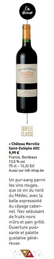Promotions Château merville saint-estèphe aoc - Vins rouges - Valide de 29/10/2018 à 31/12/2018 chez Lidl