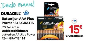 Promoties Batterijen aaa plus power 15+5 gratis - Duracell - Geldig van 24/10/2018 tot 06/12/2018 bij Carrefour