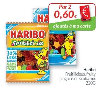 Promoties Haribo fruitilicious, fruity pinguins ou scuba mix - Haribo - Geldig van 01/11/2018 tot 30/11/2018 bij Intermarche