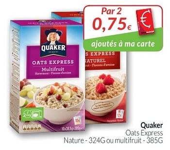 Promotions Quaker oats express nature ou multifruit - Quaker - Valide de 01/11/2018 à 30/11/2018 chez Intermarche
