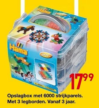 Promoties Opslagbox met 6000 strijkparels. met 3 legborden. vanaf 3 jaar - Hama - Geldig van 25/10/2018 tot 06/12/2018 bij De Rakker