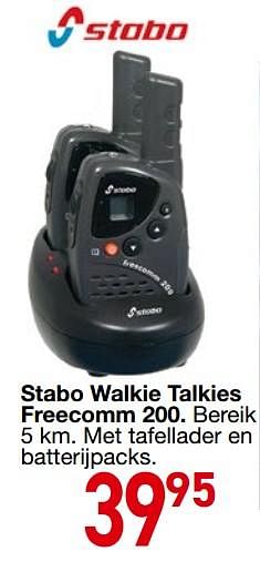 Promoties Stabo walkie talkies freecomm 200 - Stabo - Geldig van 25/10/2018 tot 06/12/2018 bij Toys & Toys