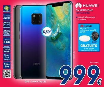 Promotions Huawei smartphone mate 20 pro - Huawei - Valide de 05/11/2018 à 11/11/2018 chez Krefel