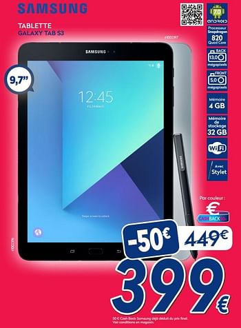 Promotions Samsung tablette galaxy tab s3 - Samsung - Valide de 05/11/2018 à 11/11/2018 chez Krefel