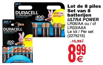 Promoties Lot de 8 piles set van 8 batterijen ultra power - Duracell - Geldig van 06/11/2018 tot 19/11/2018 bij Cora