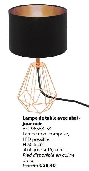 Promoties Lampe de table avec abatjour noir - Huismerk - Zelfbouwmarkt - Geldig van 06/11/2018 tot 03/12/2018 bij Zelfbouwmarkt