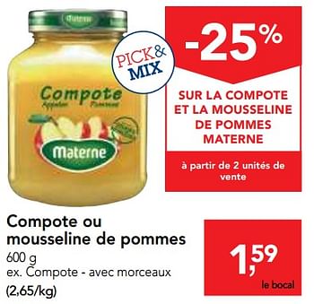 Promoties Compote ou mousseline de pommes - Materne - Geldig van 07/11/2018 tot 20/11/2018 bij Makro