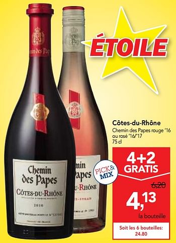 Promotions Côtes-du-rhône chemin des papes rouge `16 ou rosé `16-`17 - Vins rouges - Valide de 07/11/2018 à 20/11/2018 chez Makro