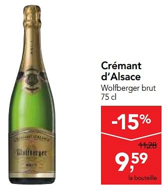 Promoties Crémant d`alsace wolfberger brut - Schuimwijnen - Geldig van 07/11/2018 tot 20/11/2018 bij Makro