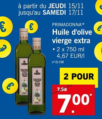 Promoties Huile d`olive vierge extra - Primadonna - Geldig van 12/11/2018 tot 17/11/2018 bij Lidl