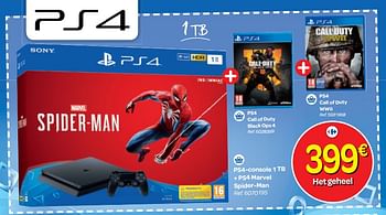 Promoties Sony ps4-console 1 tb + ps4 marvel spider-man + ps4 call of duty black ops 4 + ps4 call of duty wwii - Sony - Geldig van 24/10/2018 tot 06/12/2018 bij Carrefour