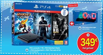 Promoties Sony ps4-console 1 tb + ps4 ratchet clank + ps4 uncharted 4 + ps4 the last of us + ps4-lamp icons light - Sony - Geldig van 24/10/2018 tot 06/12/2018 bij Carrefour