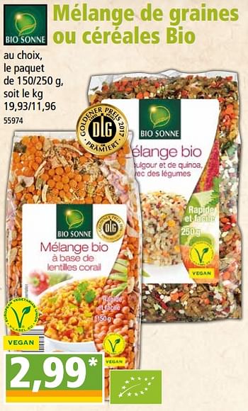 Promotions Mélange de graines ou céréales bio - Bio Sonne - Valide de 07/11/2018 à 13/11/2018 chez Norma