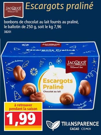 Promoties Escargots praliné - Jacquot - Geldig van 07/11/2018 tot 13/11/2018 bij Norma