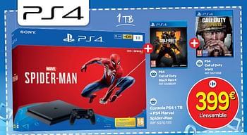 Promotions Console ps4 1 tb + ps4 marvel spider-man + ps4 call of duty black ops 4 + ps4 call of duty wwii - Sony - Valide de 24/10/2018 à 06/12/2018 chez Carrefour