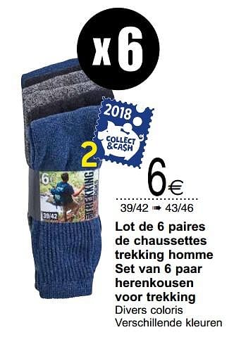 Promotions Lot de 6 paires de chaussettes trekking homme set van 6 paar herenkousen voor trekking - Produit maison - Cora - Valide de 06/11/2018 à 19/11/2018 chez Cora