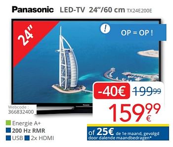 Promotions Panasonic led-tv 24``-60 cm tx24e200e - Panasonic - Valide de 29/10/2018 à 22/11/2018 chez Eldi