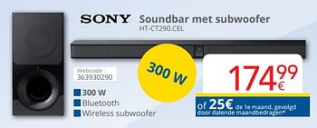 Promoties Sony soundbar met subwoofer ht-ct290.cel - Sony - Geldig van 29/10/2018 tot 22/11/2018 bij Eldi