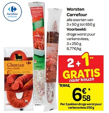 Promoties Droge worst puur varkensvlees - Huismerk - Carrefour  - Geldig van 07/11/2018 tot 18/11/2018 bij Carrefour