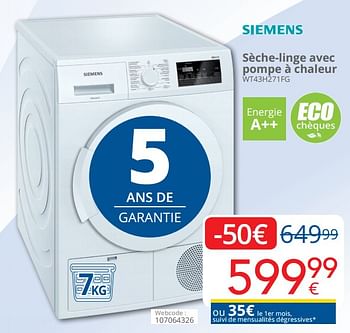 Promotions Siemens sèche-linge avec pompe à chaleur wt43h271fg - Siemens - Valide de 29/10/2018 à 22/11/2018 chez Eldi
