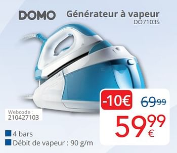 Promotions Domo générateur à vapeur do7103s - Domo elektro - Valide de 29/10/2018 à 22/11/2018 chez Eldi