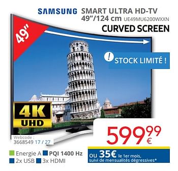 Promoties Samsung smart ultra hd-tv 49``-124 cm ue49mu6200wxxn - Samsung - Geldig van 29/10/2018 tot 22/11/2018 bij Eldi
