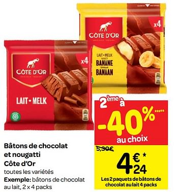 Promoties Bâtons de chocolat au lait - Cote D'Or - Geldig van 07/11/2018 tot 18/11/2018 bij Carrefour