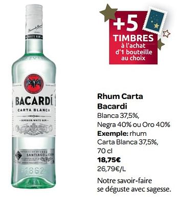 Promotions Rhum carta blanca 37,5% - Bacardi - Valide de 07/11/2018 à 18/11/2018 chez Carrefour