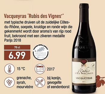 Promoties Vacqueyras rubis des vignes - Rode wijnen - Geldig van 12/11/2018 tot 17/11/2018 bij Aldi