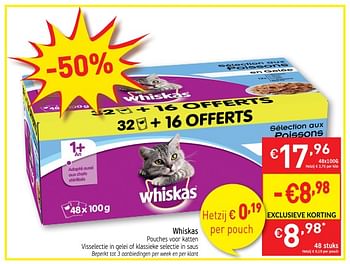 Promoties Whiskas pouthes voor katten - Whiskas - Geldig van 13/11/2018 tot 18/11/2018 bij Intermarche