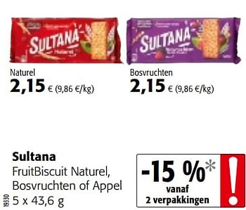 Promoties Sultana fruitbiscuit naturel, bosvruchten of appel - Sultana - Geldig van 07/11/2018 tot 20/11/2018 bij Colruyt