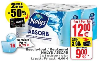 Promoties Essuie-tout - keukenrol nalys absorb - Nalys - Geldig van 13/11/2018 tot 19/11/2018 bij Cora