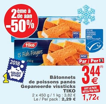 Promoties Bâtonnets de poissons panés gepaneerde vissticks tiko - Tiko - Geldig van 13/11/2018 tot 19/11/2018 bij Cora