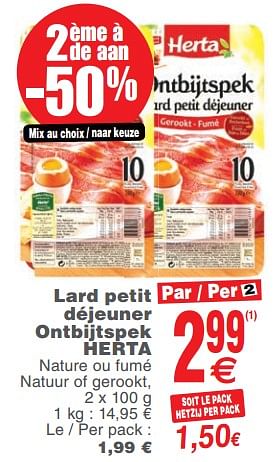 Promoties Lard petit déjeuner ontbijtspek herta - Herta - Geldig van 13/11/2018 tot 19/11/2018 bij Cora