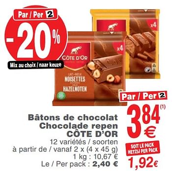 Promoties Bâtons de chocolat chocolade repen - Cote D'Or - Geldig van 13/11/2018 tot 19/11/2018 bij Cora
