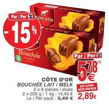 Promoties Côte d’or bouchée lait / melk - Cote D'Or - Geldig van 13/11/2018 tot 19/11/2018 bij Cora